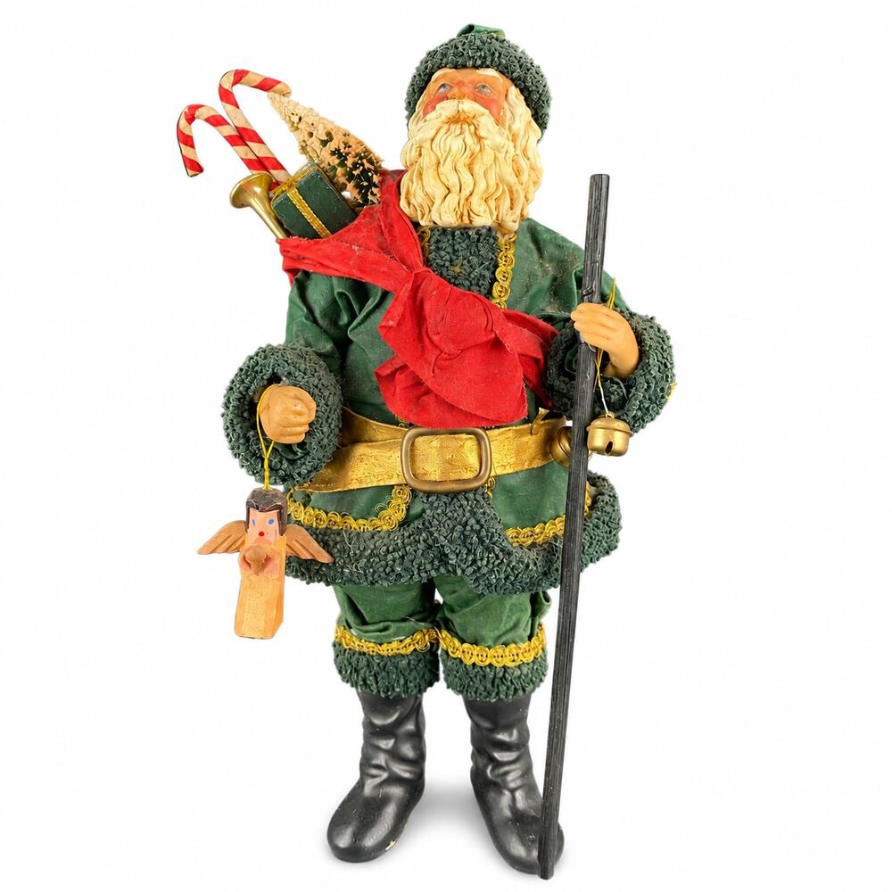 Vintage 1987 Possible Dreams Clothtique Santa Green Suit Toy Sack Angel 10"